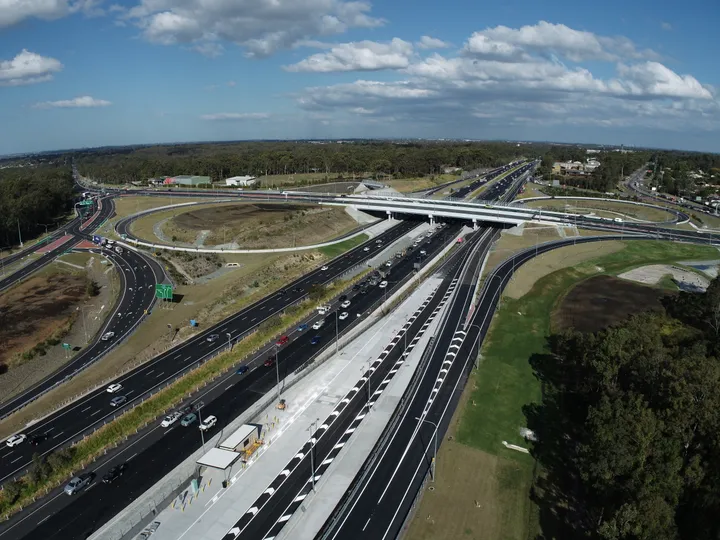 Aerial photograph of new heavy vehicle interception site under construction on the northbound entry ramp to the Bruce Highway at the Deception Bay Road Interchange, looking south