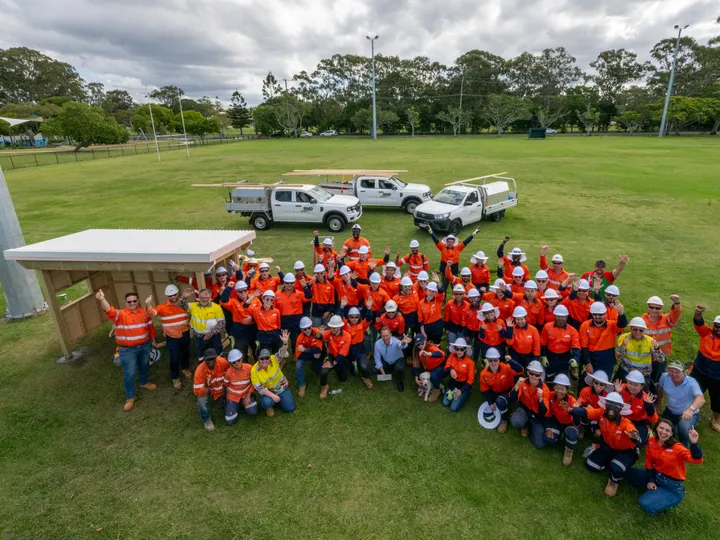 The full cohort of BMD graduates that built the four new dugouts at the Wynnum Manly Juniors Club.